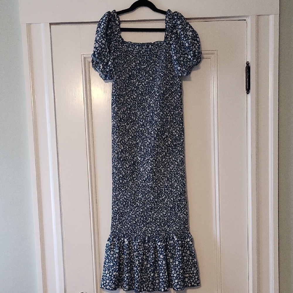 Floral Green Puff Sleeve Smock Dress
